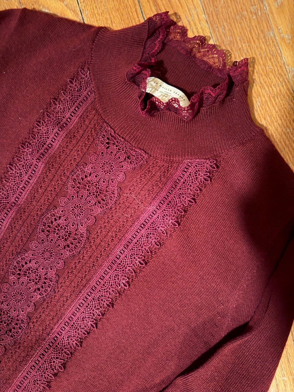**RARE**Sezane Women's Lace-Trim Intimate Top in Deep Plum merino wool